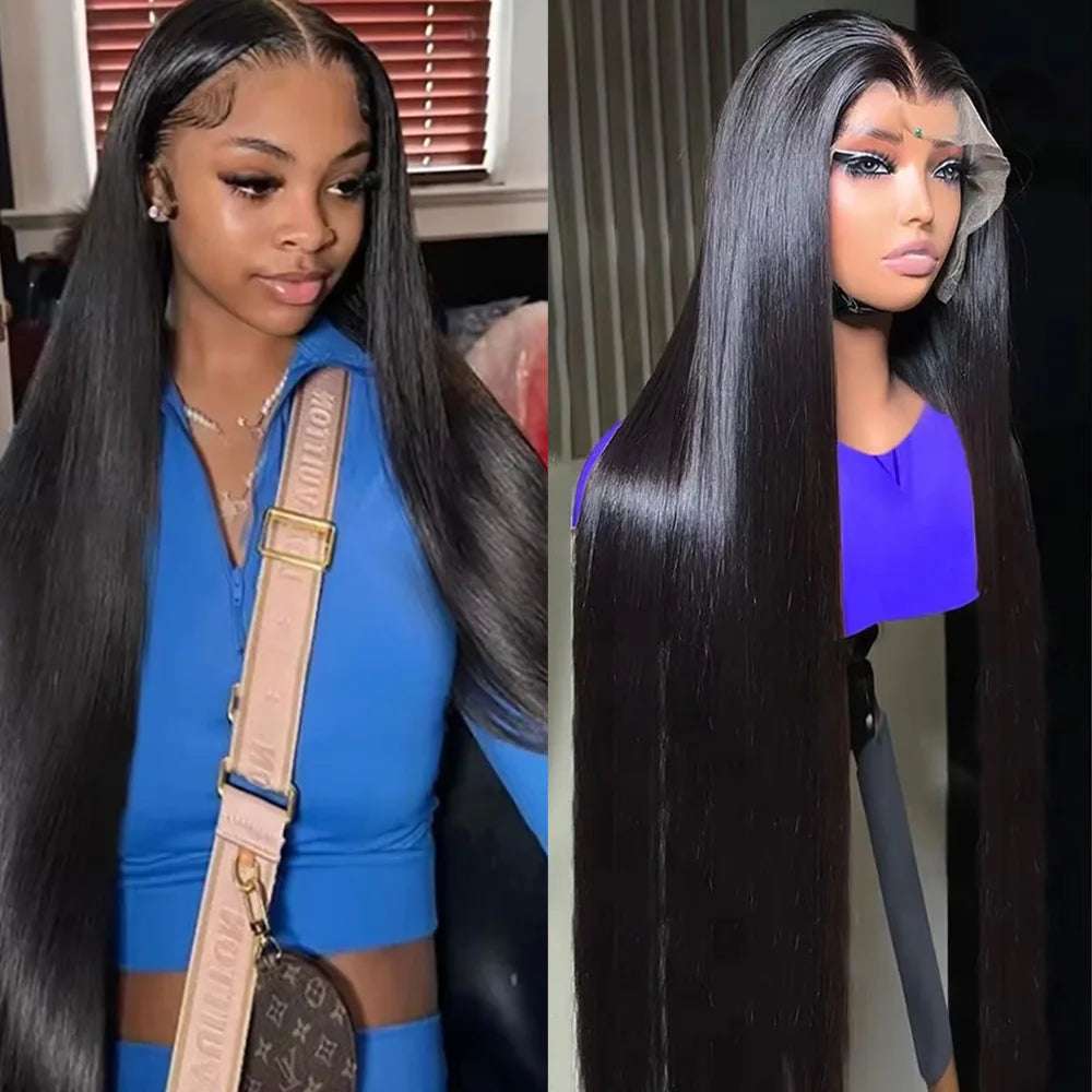 Natural Color Straight Human Hair Wigs 13x6 Lace Front Wig 200 Density 46 Inches Natural Black Pre Plucked Wigs For Women
