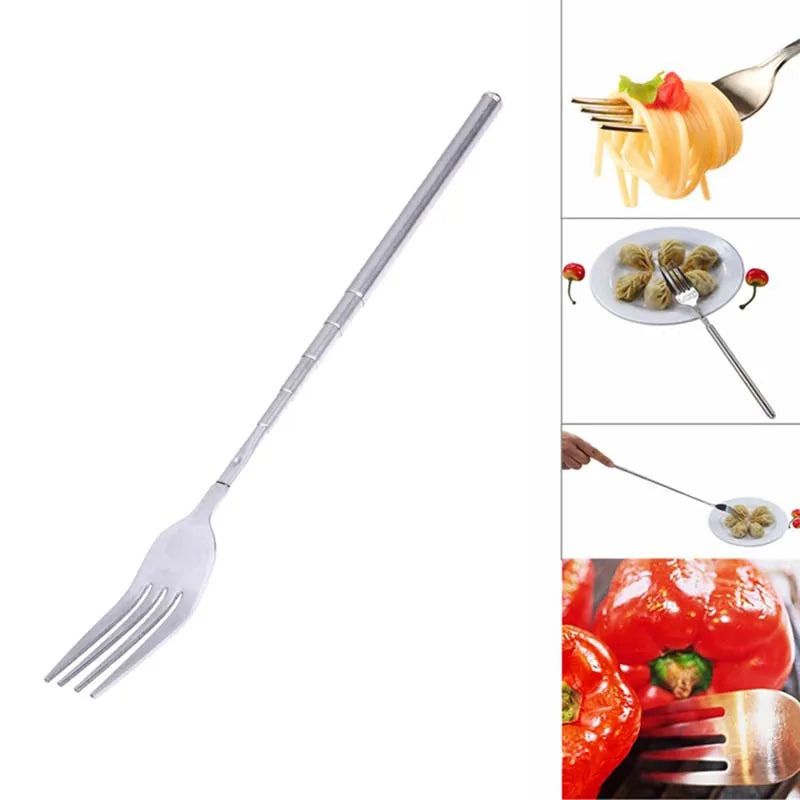 Silver Stainless Telescopic Extendable Fork Dinner Fruit Dessert Long Cutlery Forks BBQ Meat Fork Kitchen Accessories Tools