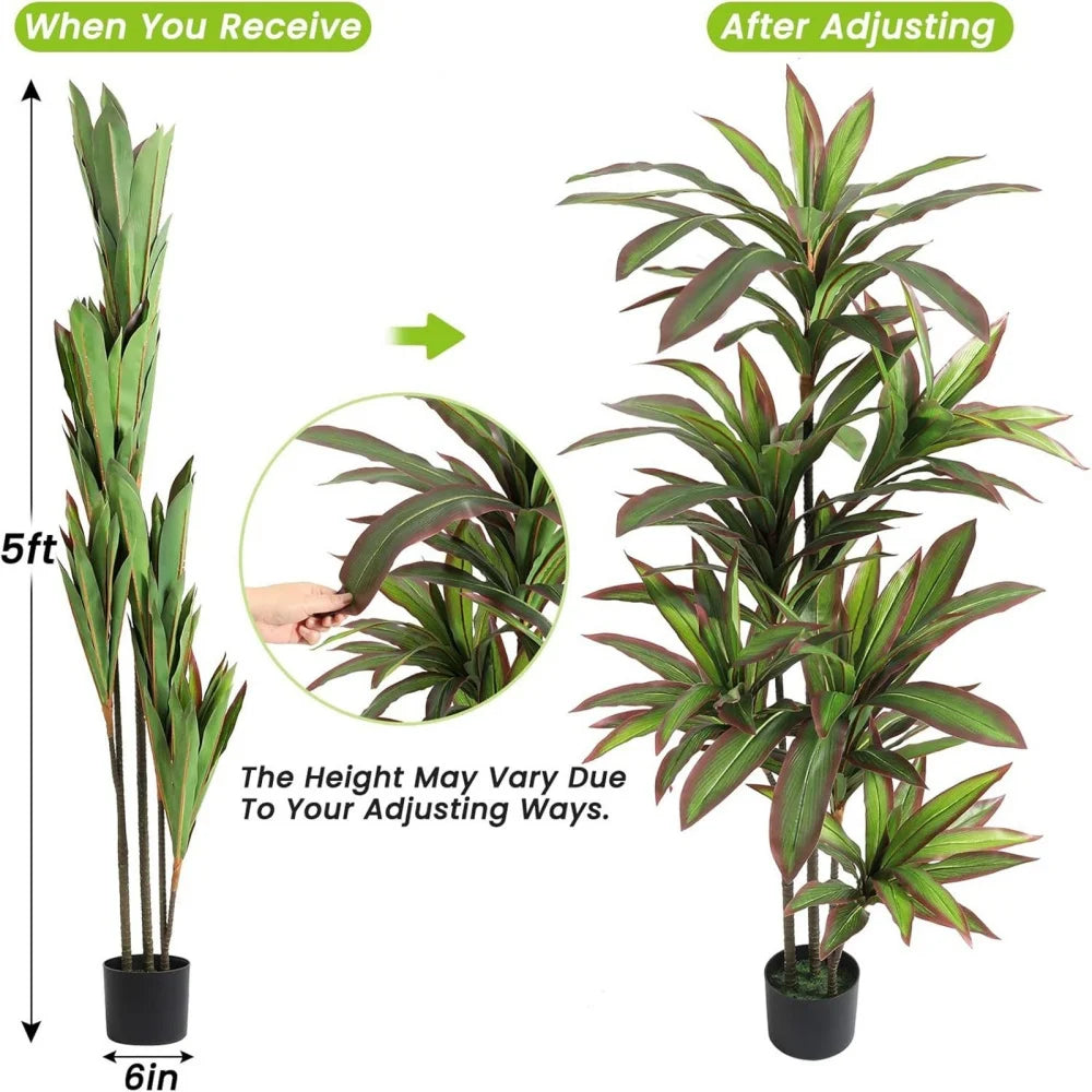 Artificial Dracaena Plant 4ft/5ft Tall Decorative Fake Tree in Pot with Trunks and Realistic Leaves for House Garden
