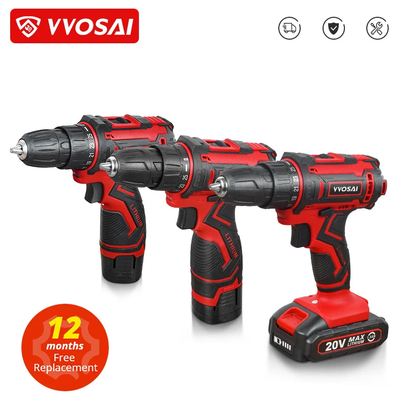 VVOSAI 12V 16V 20V Cordless Drill Electric Screwdriver Mini Wireless Power Driver DC Lithium-Ion Battery 3/8-Inch