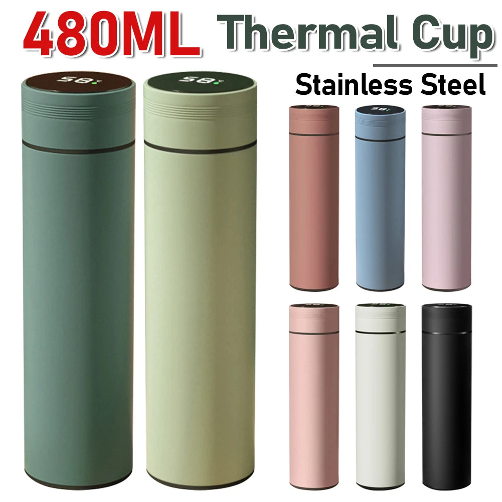 480ML Vacuum Thermos Thermal Water Bottle LED Temperature Display Insulated Coffee Cup Leakproof for Hot Cold Drinks Coffee Tea