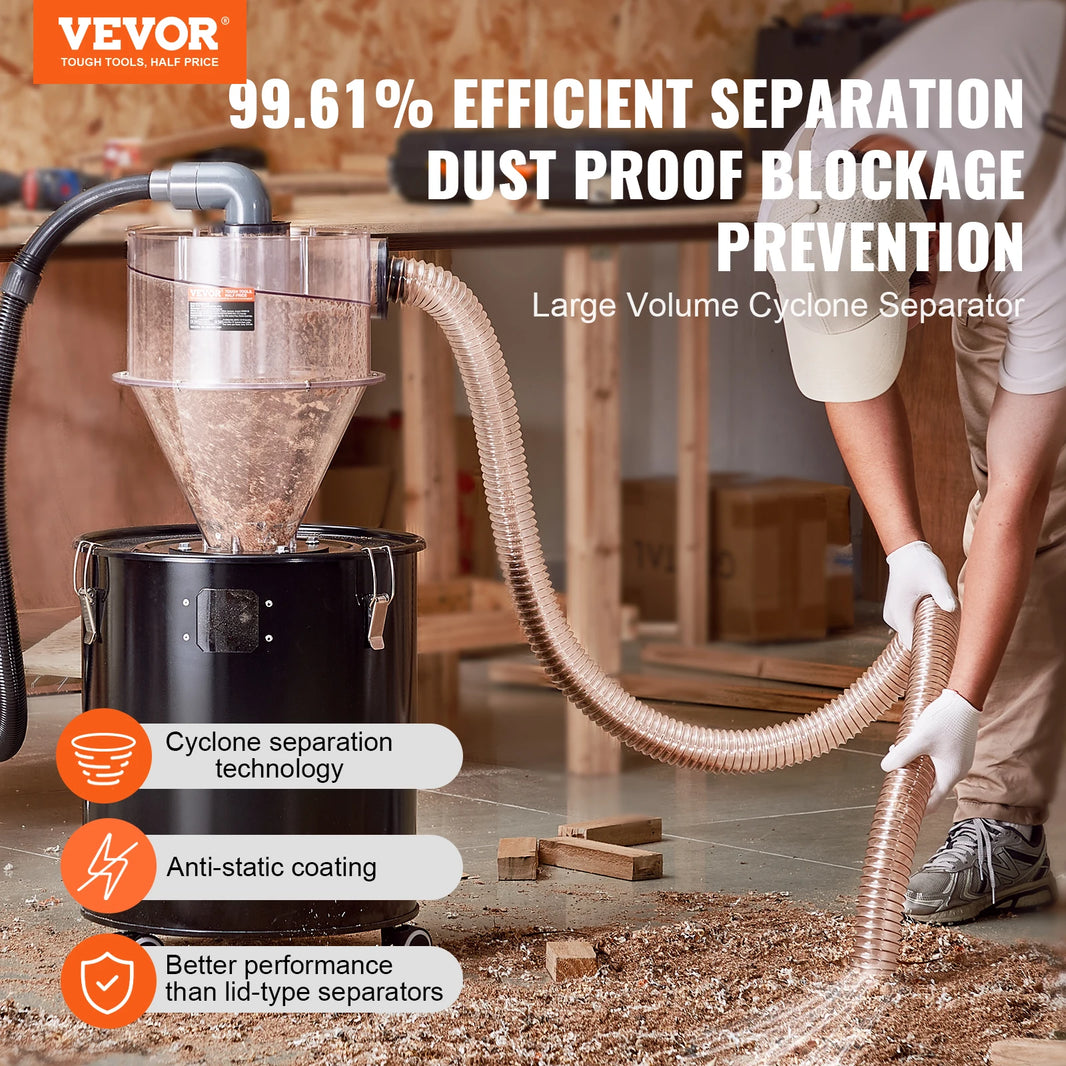 VEVOR Cyclone Dust Separator with Metal Tank 4" Retrofit Cyclone Separator ABS Dust Deputy With 2" Hole O.D. Connector & Hose