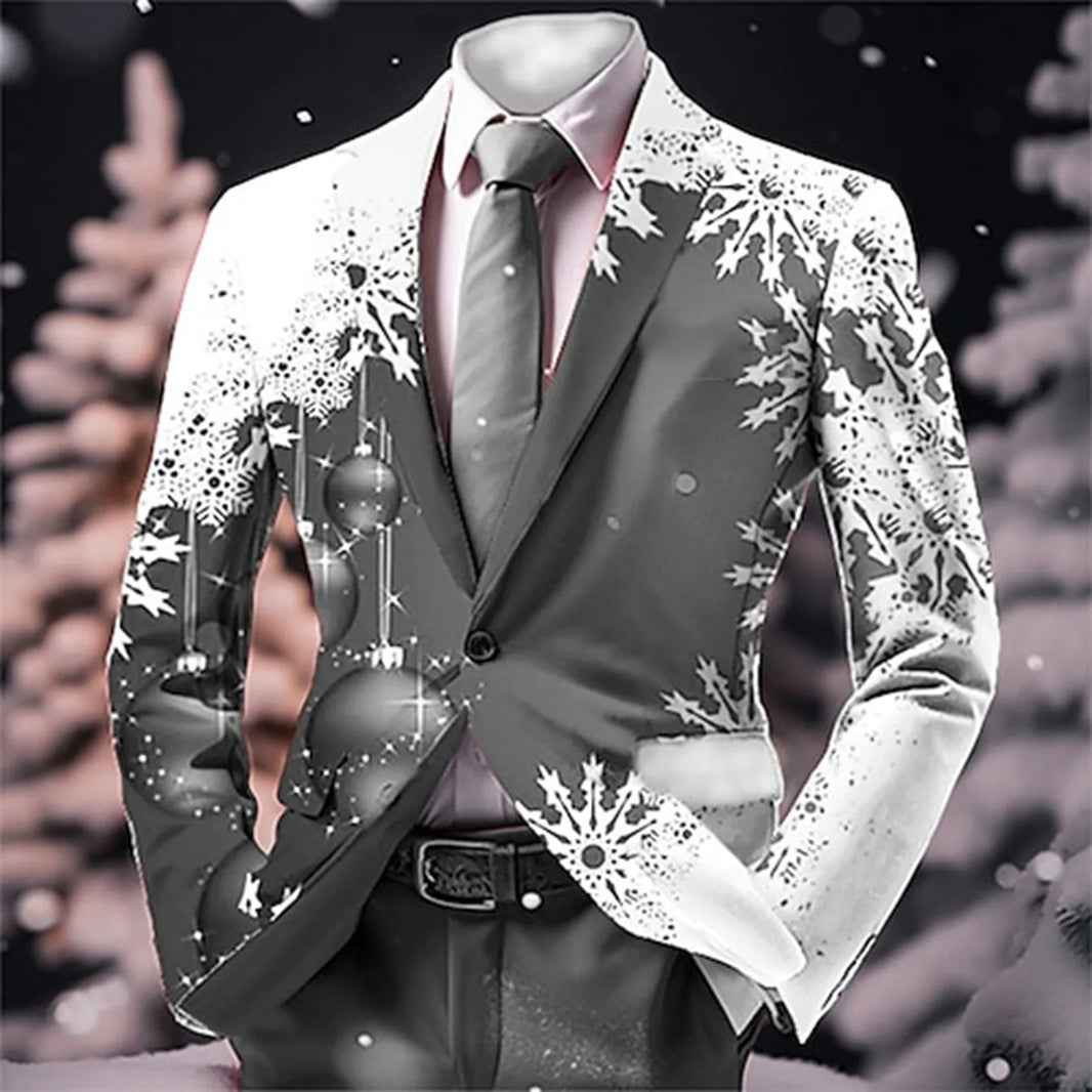 Single Button Retro Christmas Snowflakes Print Suit Coat Business Casual Slim Fit Suit Jacket Elegant Formal Blazers for Men