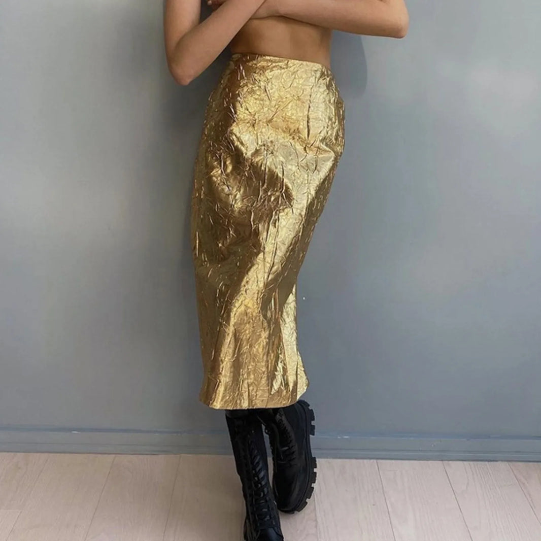 Summer Autumn Gold Shiny Faux Leather Skirt A Line Korean Style Clothes Women Streetwear 2024 New Runway Fashion