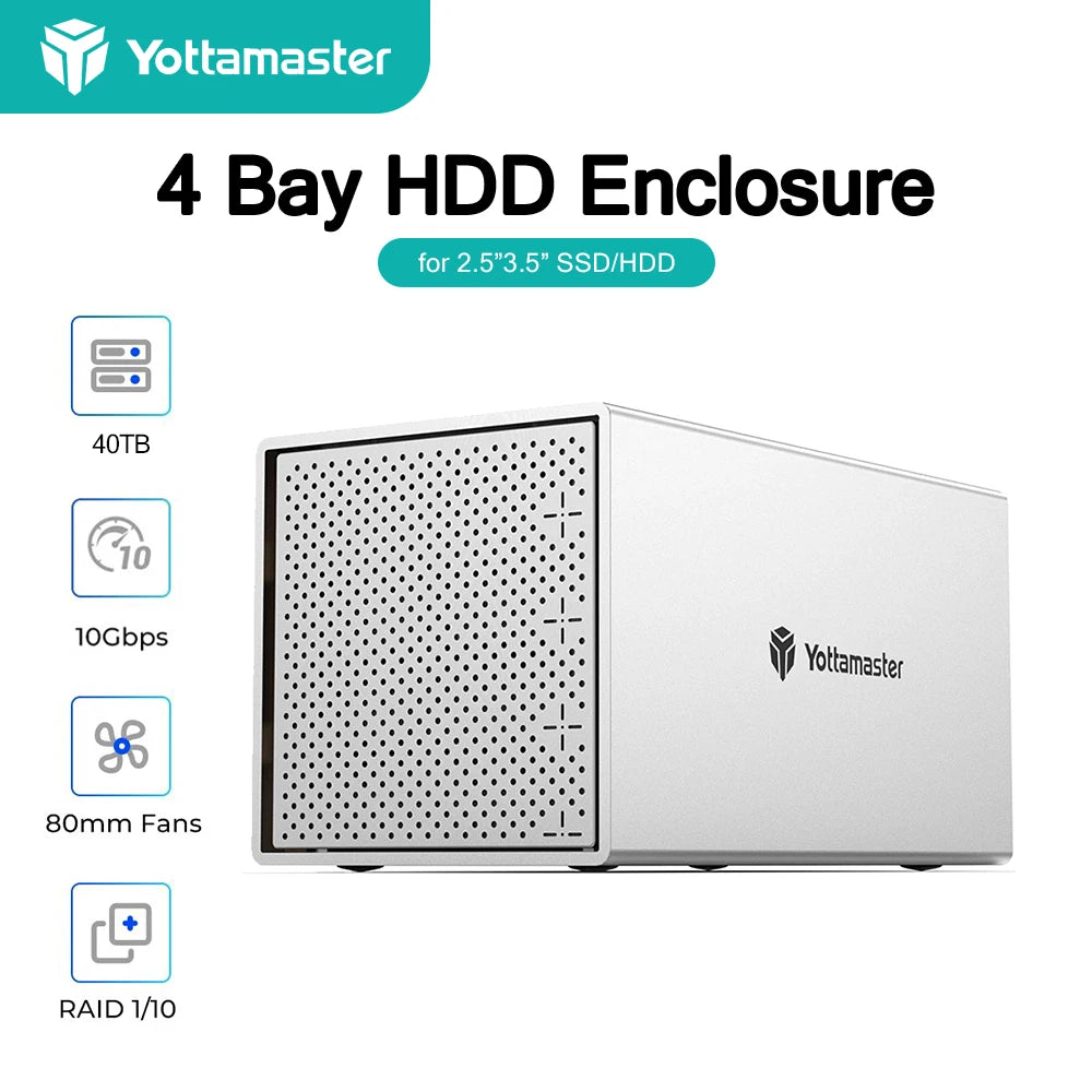 Yottamaster 4 Slot RAID Enclosure 4 Bay 2.5/3.5-inch USB3.0 to SATA3.0 RAID External HDD Array Enclosure Support 4*10TB and UASP