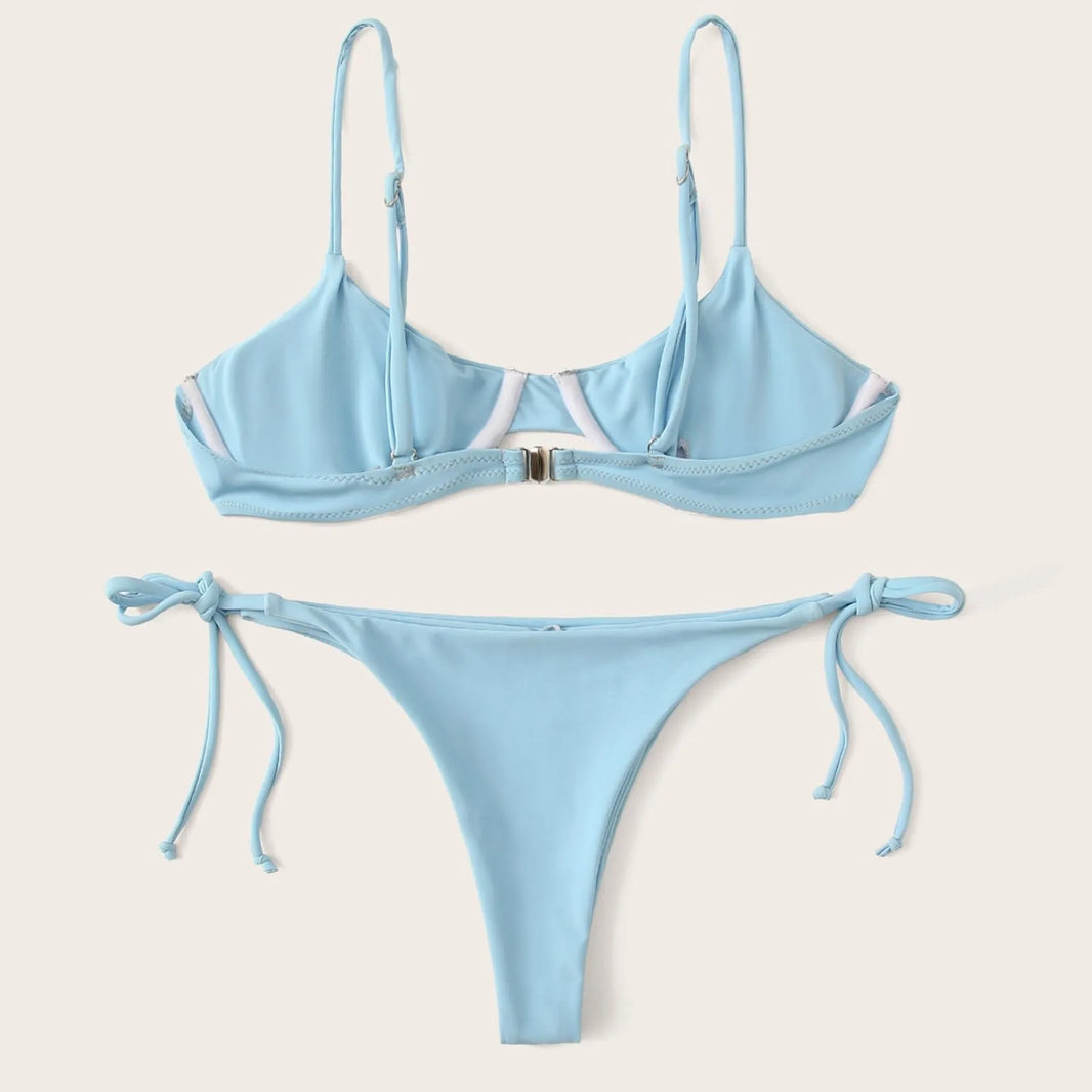 Push Up Padded Bra Thong Two Pieces Beachwear Solid Color Swimsuit Lace Up Bikini Set Summer Beach Wear Swimming Ropa De Mujer