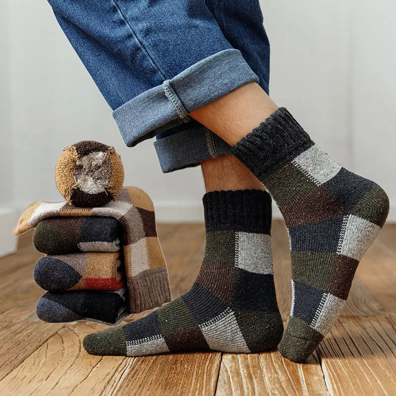 Winter Warm Men Wool Socks  Super Thick Solid Socks Harajuku Retro Plaid Merino Wool Socks Against Cold Snow Terry Socks 5 pair