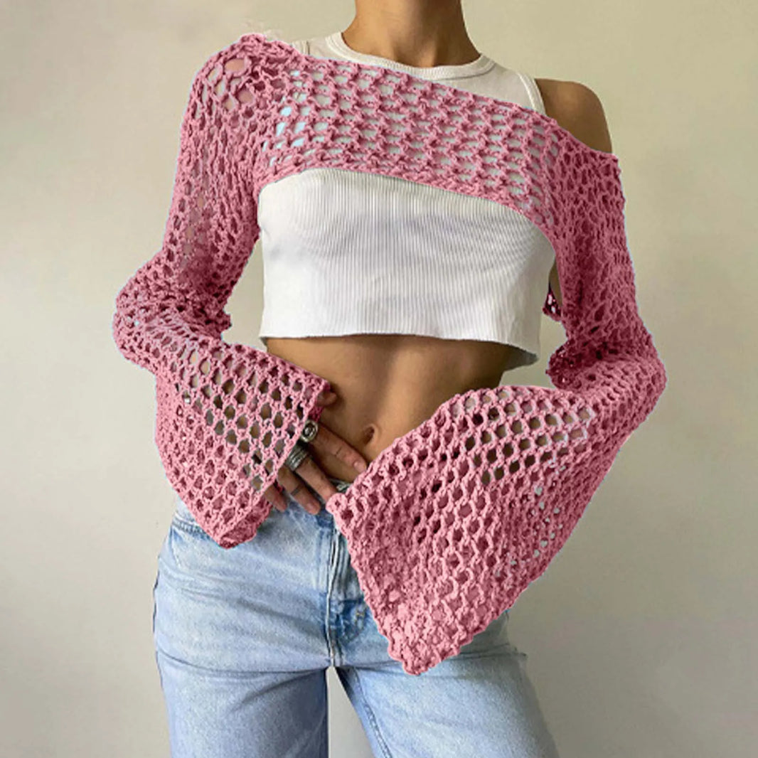 Womens Crochet Crop Tops Knit Sweater Hollow Out Long Sleeve Bikini See Through Cover Ups Coverup Bathing Suit Pareo