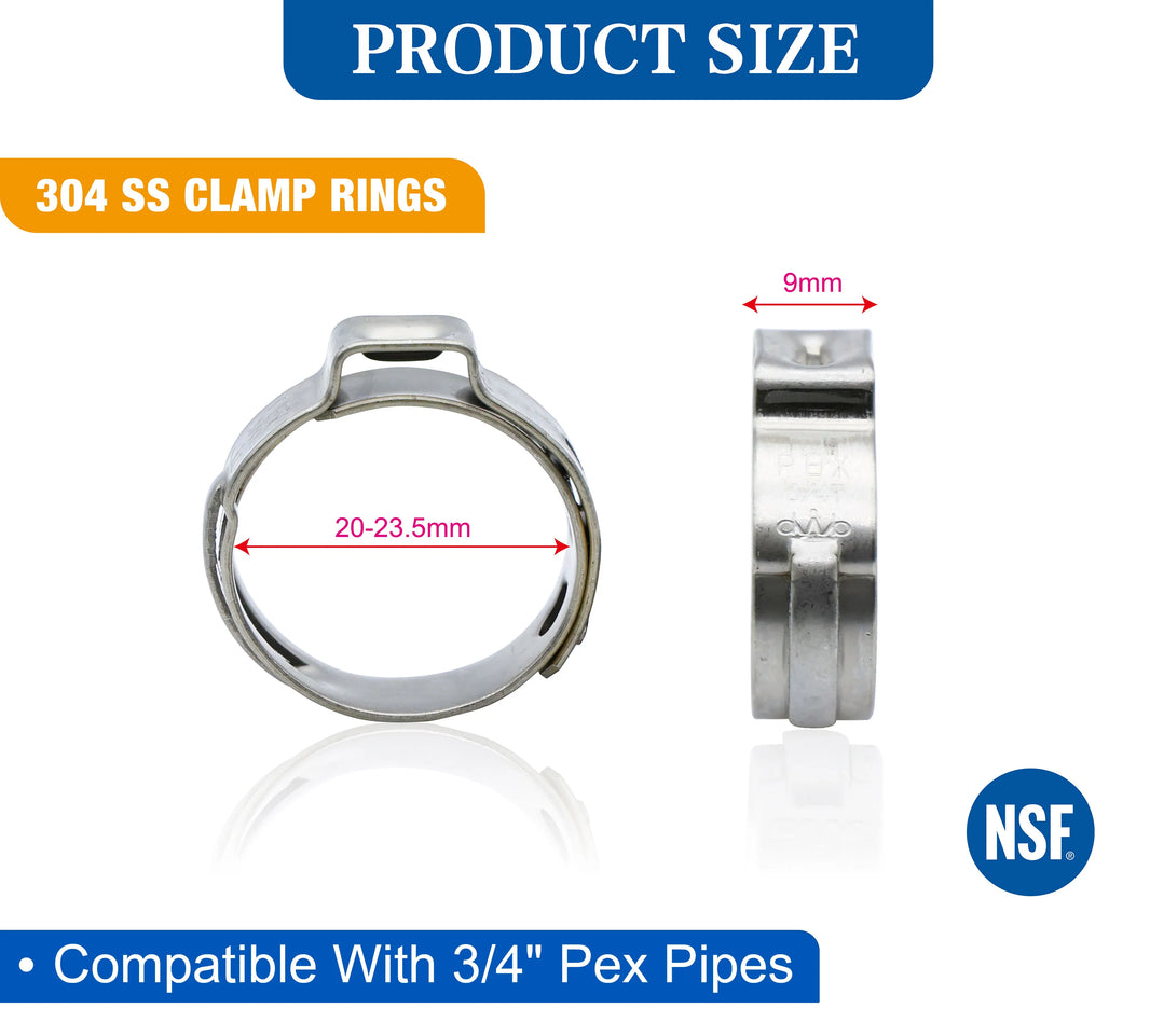 KING SMART  3/4" PEX Stainless Steel Clamp Rings; Suitable for PEX B/C Pipe, PERT Pipe;  50Pcs/Case; 80382