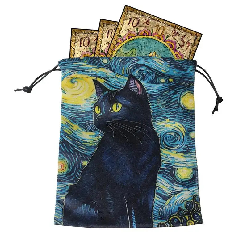 Tarot Card Velvet Storage Bag Mystery Velvet Pouches With Drawstrings Printed With Black Cat Pattern Tarot Card Pouch Organizer