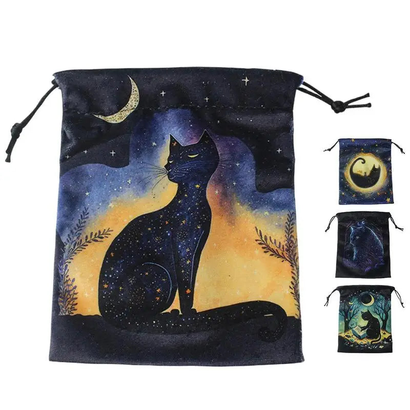 Tarot Card Velvet Storage Bag Mystery Velvet Pouches With Drawstrings Printed With Black Cat Pattern Tarot Card Pouch Organizer