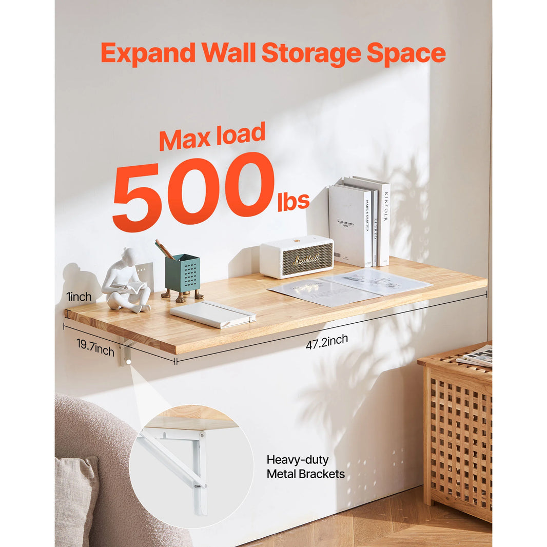 SucceBuy Wall Mounted Folding Table, Wall Mount Drop Leaf Table Wooden Floating Desk with Iron Bracket Fold Down Desk for Spaces