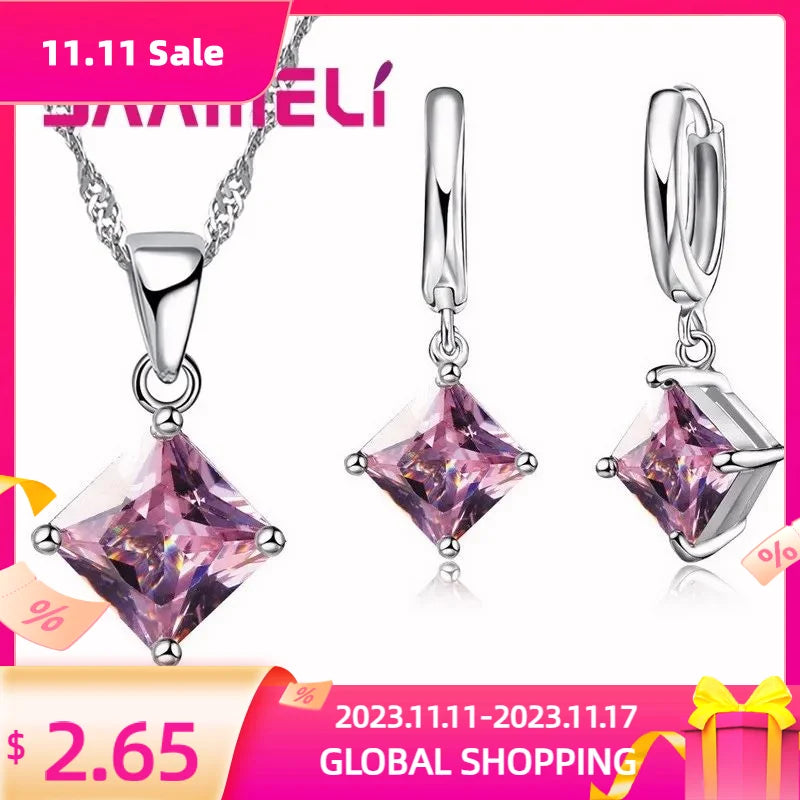 New Fashion Women Pendants Necklace Simple Geometry Square Earrings Crystal 925 Sterling Silver Jewelry Sets for Wedding