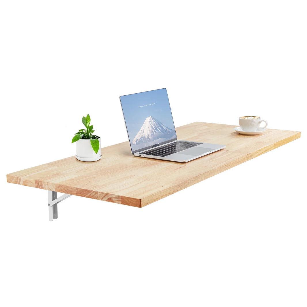 SucceBuy Wall Mounted Folding Table, Wall Mount Drop Leaf Table Wooden Floating Desk with Iron Bracket Fold Down Desk for Spaces