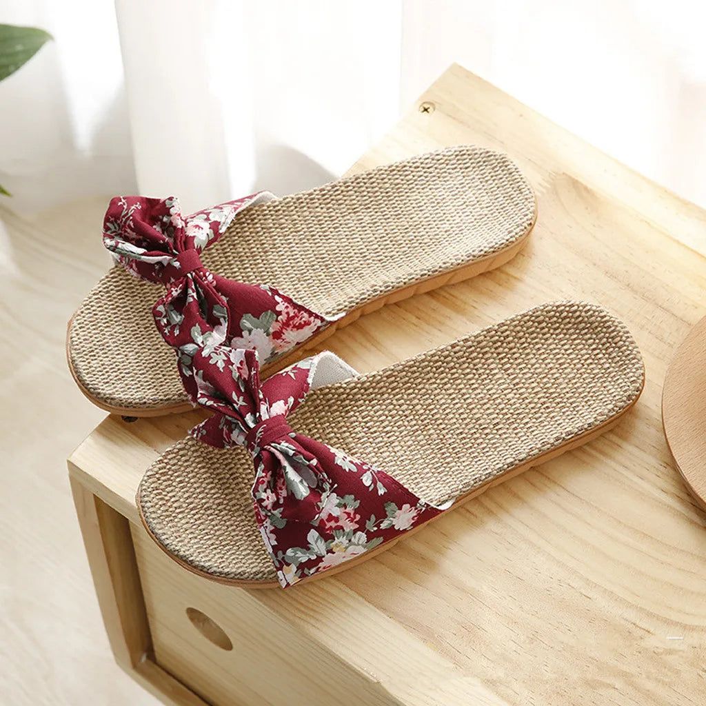 Women Summer Casual Slides Comfortable Flax Slippers Floral Bow Linen Flip Flops Platform Sandals Ladies Indoor Shoes