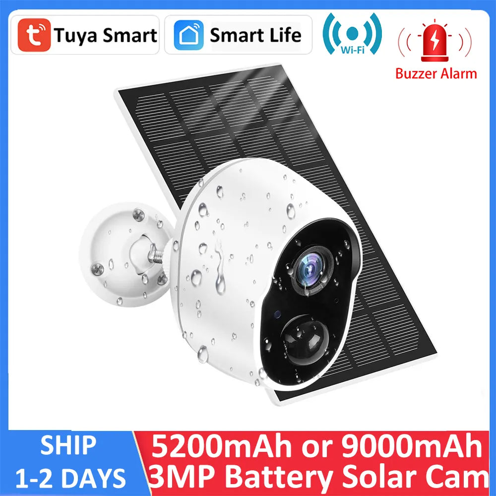 3MP Tuya Smart Life 5200/9000mAh Rechargeable Battery Solar Outdoor WIFI 1080P Surveillance Security Siren Camera Alexa Google