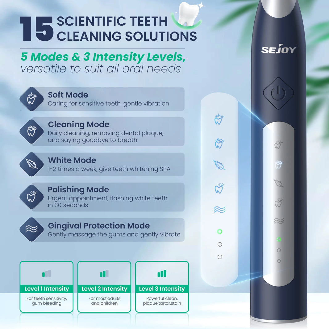 Sejoy JS10-1 Electric Sonic Toothbrush with 10 pcs Replacement Heads Rechargeable Waterproof Electronic Tooth Brushes