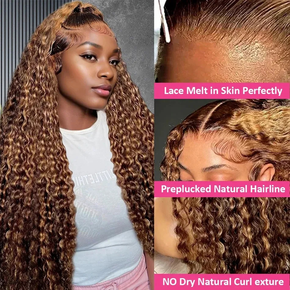 High Density Highlight Water Culry 13x4 HD Lace Frontal Human Hair 32 34 Inch Deep Wave 13x6 Lace Frontal Wig For Black Women