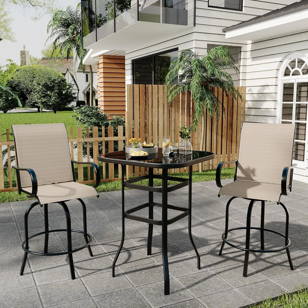 2 Piece Outdoor Swivel Bar Chairs, Patio High Swivel Bar Stools, All Weather High Back and Armrest Patio Chairs, Rotating Chair