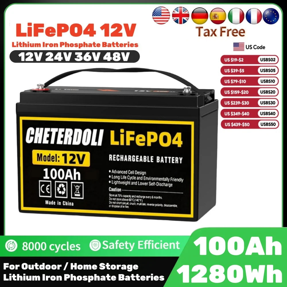 NO TAX Ships from USA 12V 100Ah LiFePO4 Battery Packs Rechargeable For Outdoor / Home Storage Lithium Iron Phosphate Batteries