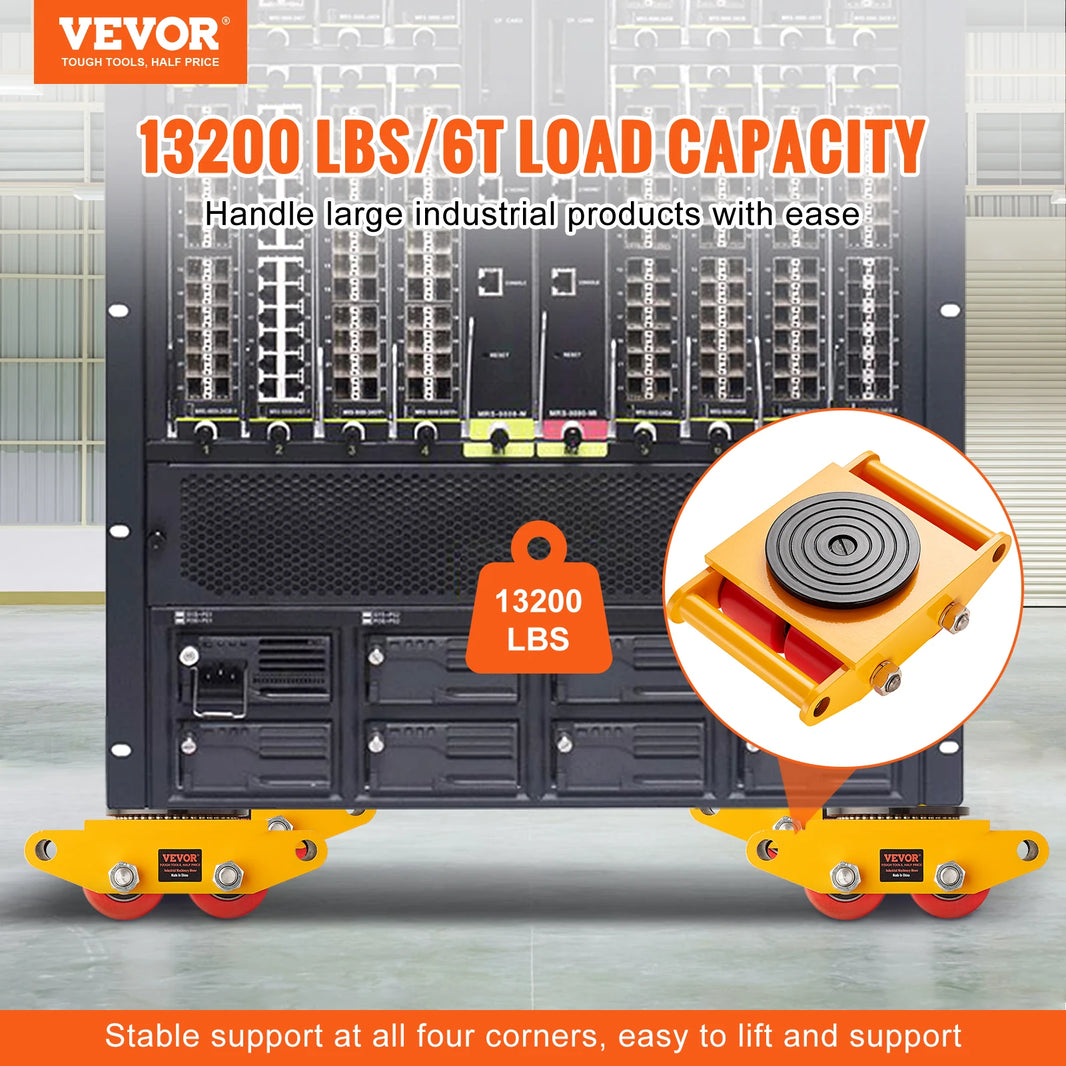 VEVOR 6T Machinery Skate Dolly Industrial Mover with 4 PU Wheels and 360° Rotation Non-Slip Cap for Warehouse Workshop Factory