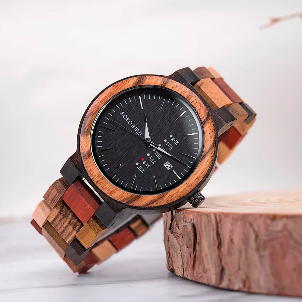 BOBO BIRD Couple Wooden Watch Luxury Brand Wood Timepieces Week Date Display Quartz Watches for Men Women Unique Family Gift