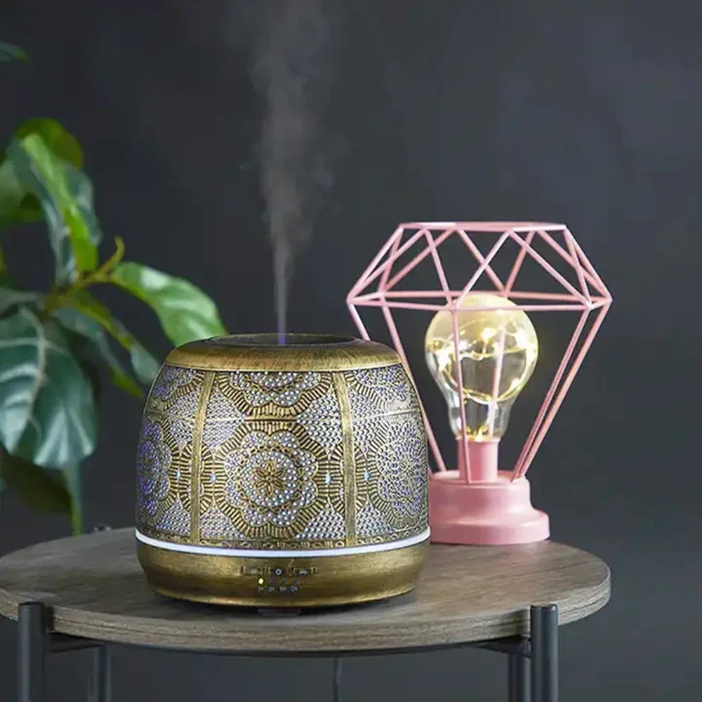 500ml Aroma Diffuser Bronze Metal Aromatherapy Diffuser for Essential Oil 7 Color Fragrance Lamp Humidifier for Baby Office Home