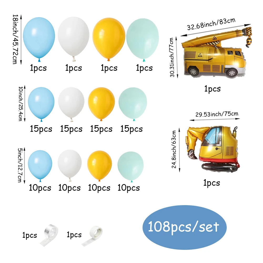 108-Piece Construction Engineering Vehicle Theme Balloon Garland Arch Kit, Yellow White Blue Balloon with Crane Excavator Aluminum Foil Balloon for Birthday Truck Driver Thank You Day Building Party Decoration