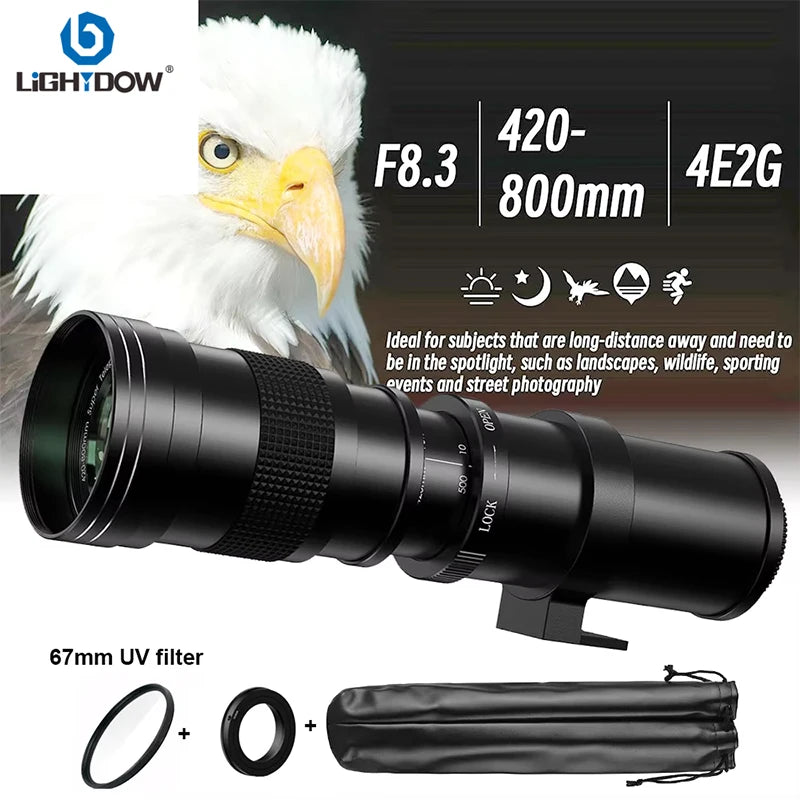 Lightdow Professional Telephoto Zoom Lens 420-800mm Manual Focus Lens with 67mm UV Filter RU USA ES Overseas Warehouse Delivery
