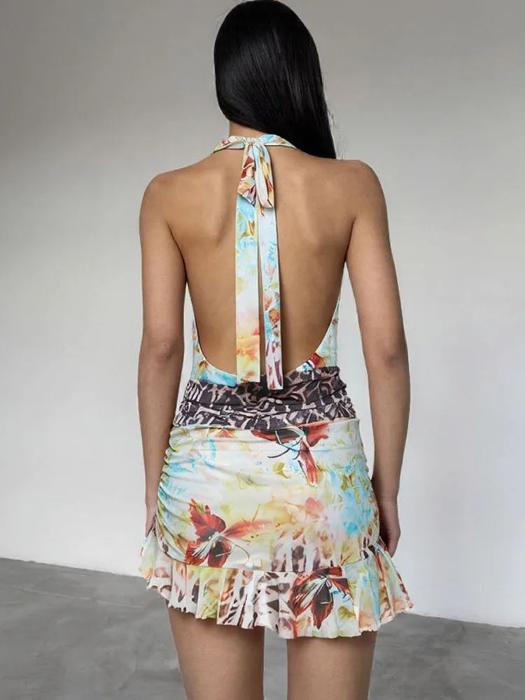 Nibber Leopard Print Halter Dress Women Irregular Hem Midnight Colorful Sexy Backless Fit Deep V-Neck Stretch Bodycon Clubwear