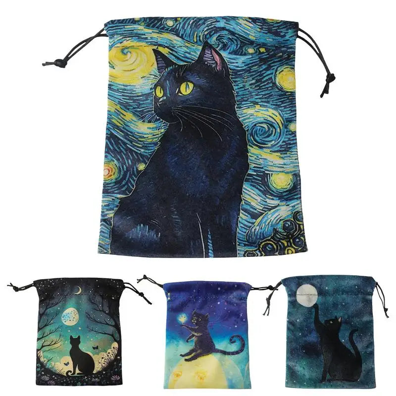 Tarot Card Velvet Storage Bag Mystery Velvet Pouches With Drawstrings Printed With Black Cat Pattern Tarot Card Pouch Organizer