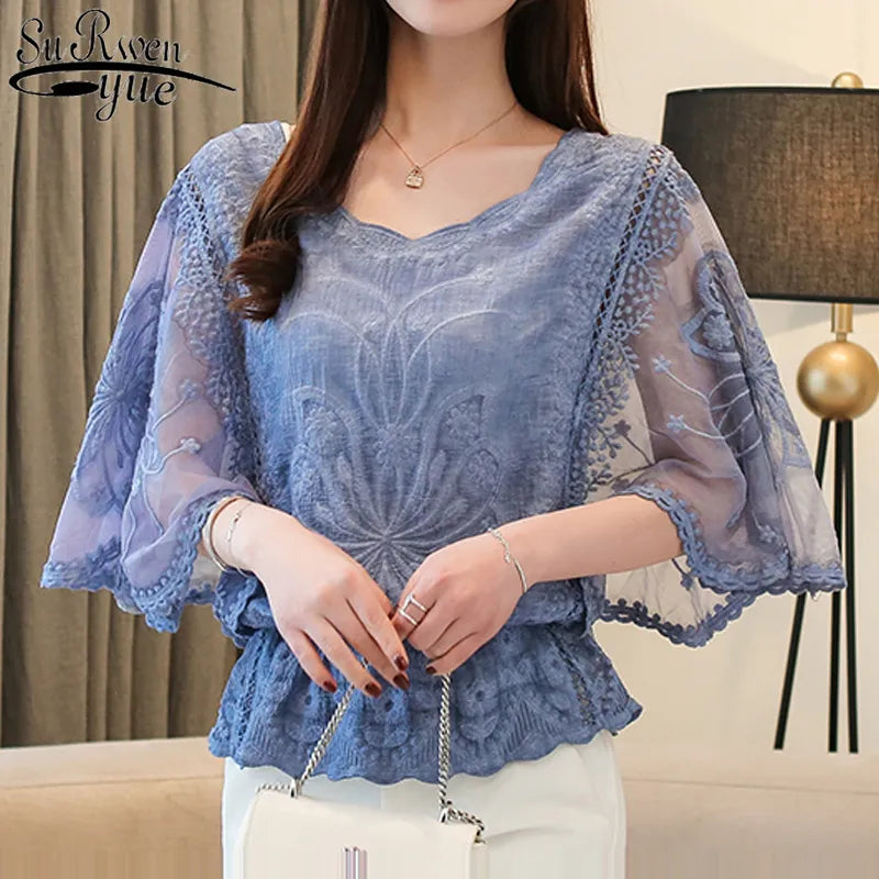 Fashion Women Blouses Spring New Chiffon Blouse Cotton Edge Lace Blouses Shirt Butterfly Flower Women Shirt Tops Blusas 4073 50