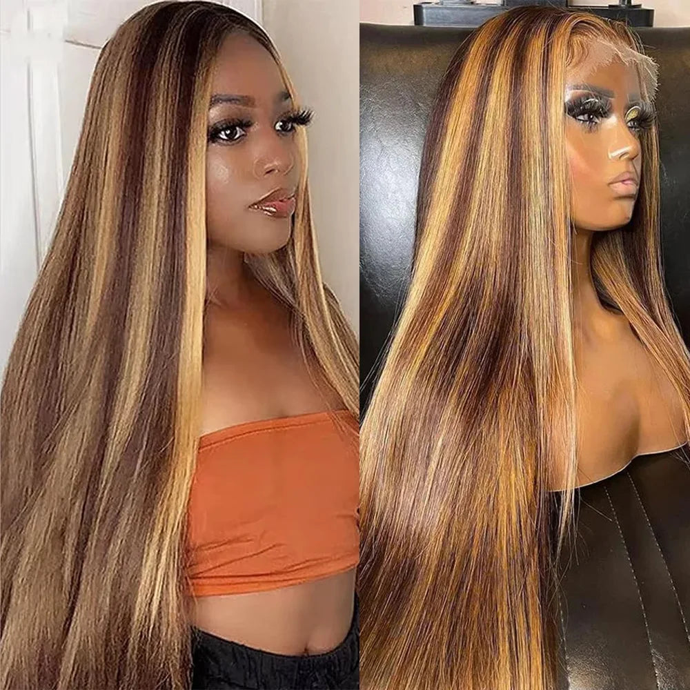 44 Inches Bone Straight Highlight Lace Front Human Hair Wig 13x6 Honey Blonde Colored Human Hair Wigs For Women 200 Density