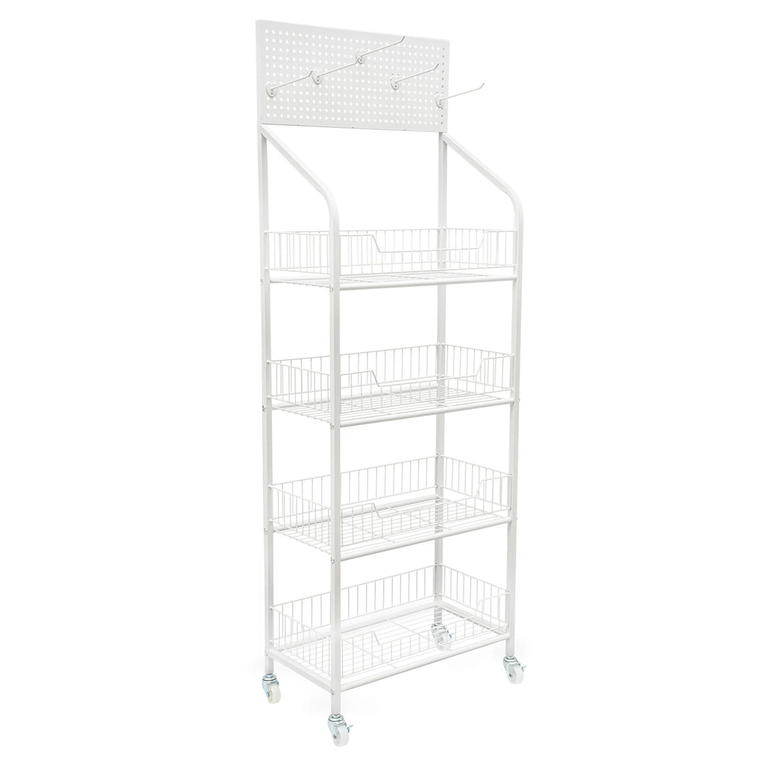 4-Tier Hanging Baskets, Cool-Rolled Steel, 88lbs Capacity, Movable Hooks, Lockable Wheels, Easy to Clean for Home Storage