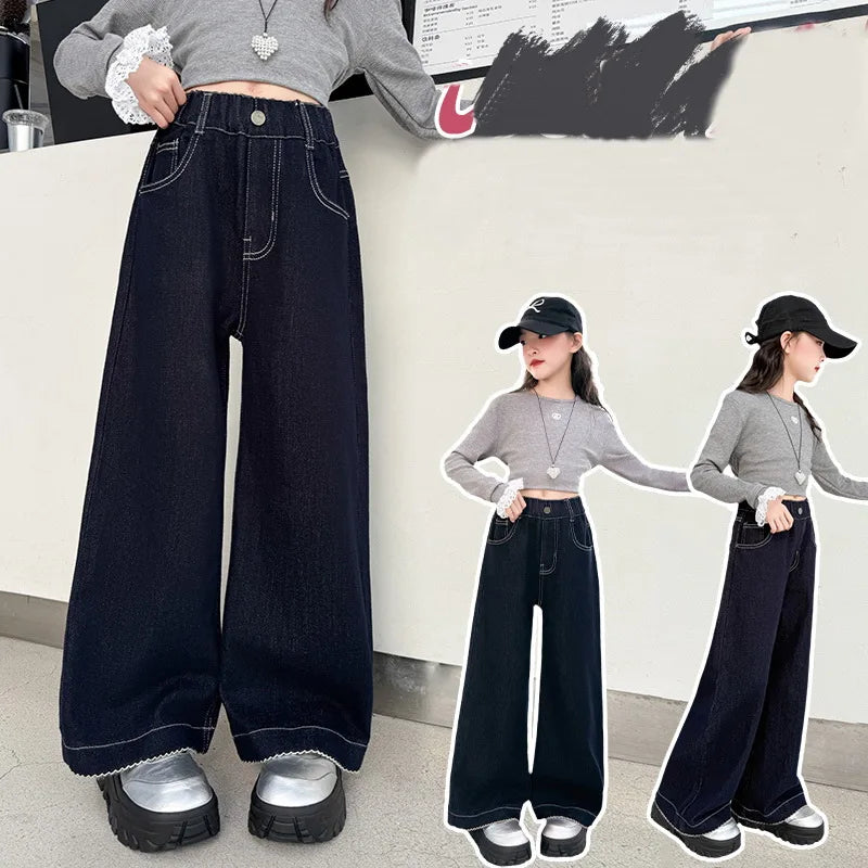 Classic Design Kids Casual Wide Leg Dark Blue Washed Jeans for Teenage Girls School Denim Pants Child Solid Color Jeans Trousers