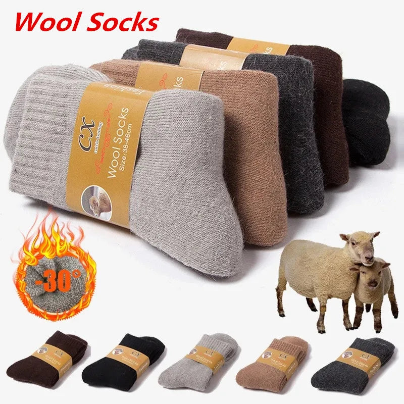 5 Pairs Lot Winter Wool Socks Male Men's Super Thicker Solid Merino Plush Women's Socks Against Cold Snow Terry Warm Socks