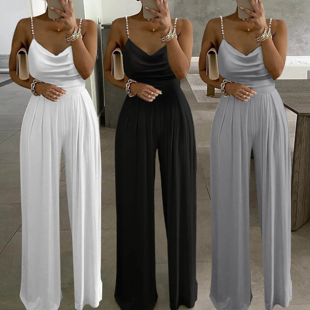 Sexy Pearl Sling Jumpsuits Elegant Rompers 2023 Summer Jumpsuit Women Wide Leg Playsuits Soild Color Casual V-Neck Overall