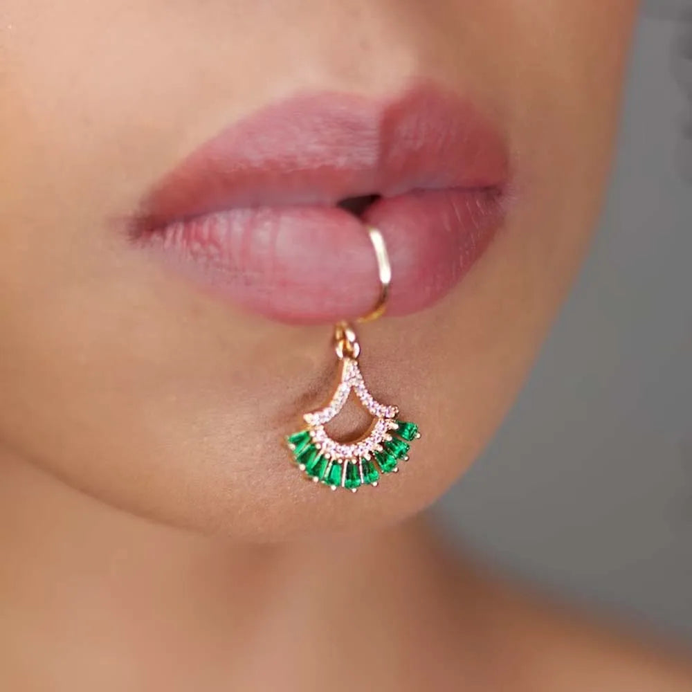 Stonefans Green Crystal Dangle Lip Cuff No Piercing Needed Lip Ring Faux Piercing Sexy Fashion Beach Bikini Pendant Lip Hugger