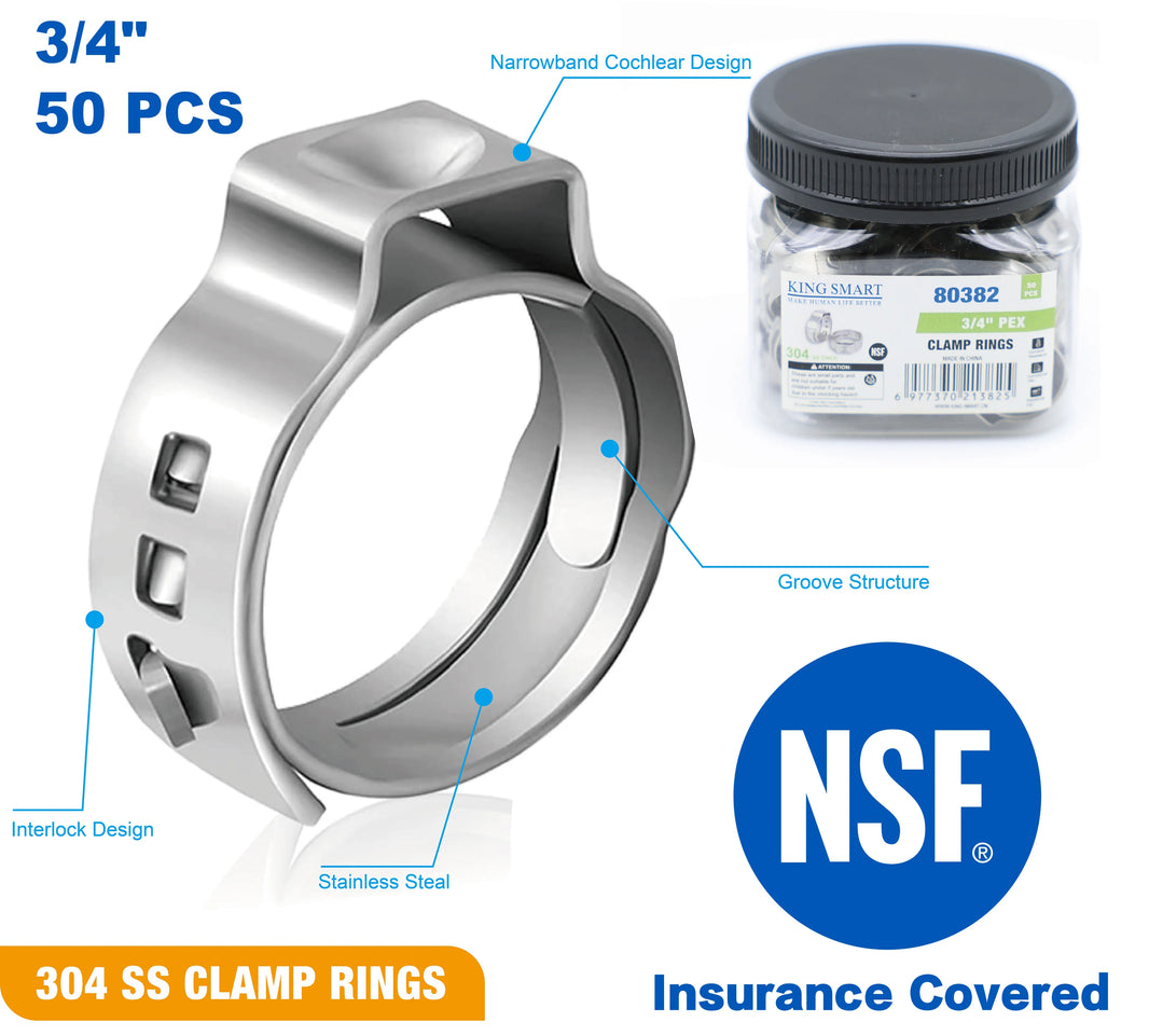 KING SMART  3/4" PEX Stainless Steel Clamp Rings; Suitable for PEX B/C Pipe, PERT Pipe;  50Pcs/Case; 80382