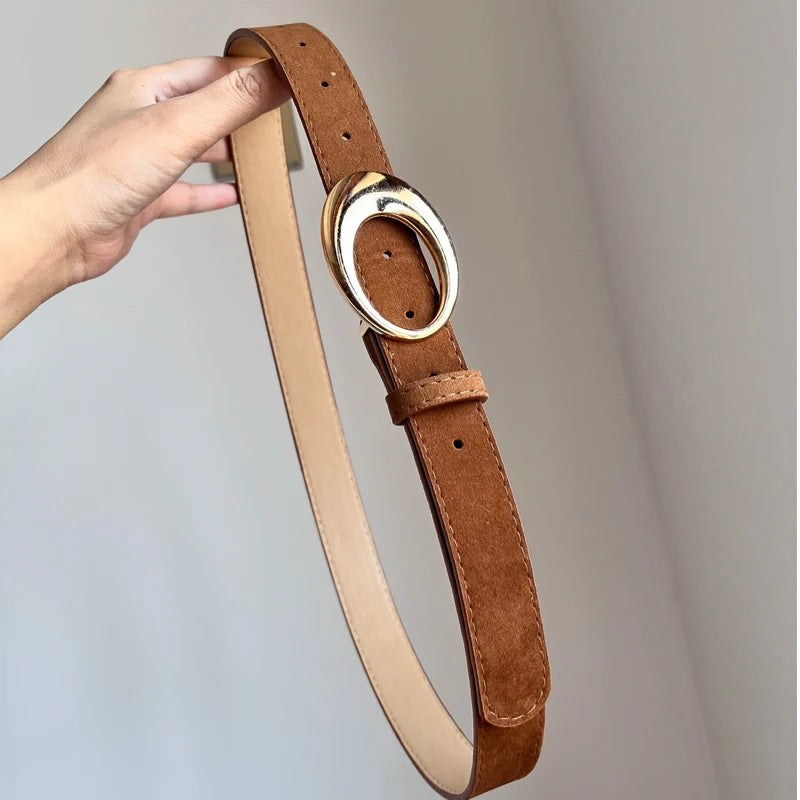 Simple Fashion Oval Golden Buckle Suede Leather Belt 2.8cm Width Women Belt For Jeans Luxury Designer Dress Coat Brown Waistband