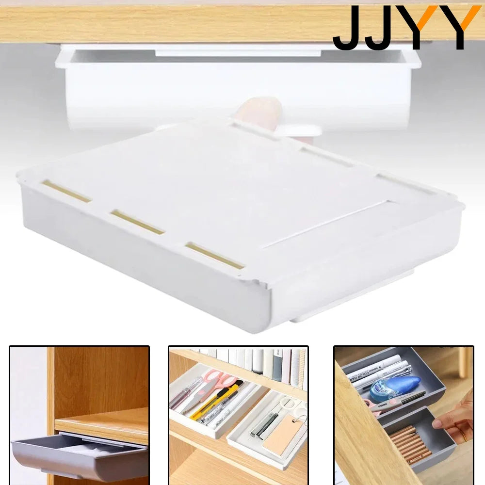 JJYY Self-Adhesive Under Desk Drawer Hidden Organizer Cosmetic Pen Holder Home Storage. Three sizes available:S/M/L