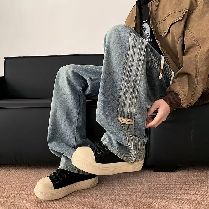 Jeans Men 2025 Spring Autumn American Style Vintage Loose Straight Leg Long Pants Men's Youth Popular Drawstring Wide Leg Pants