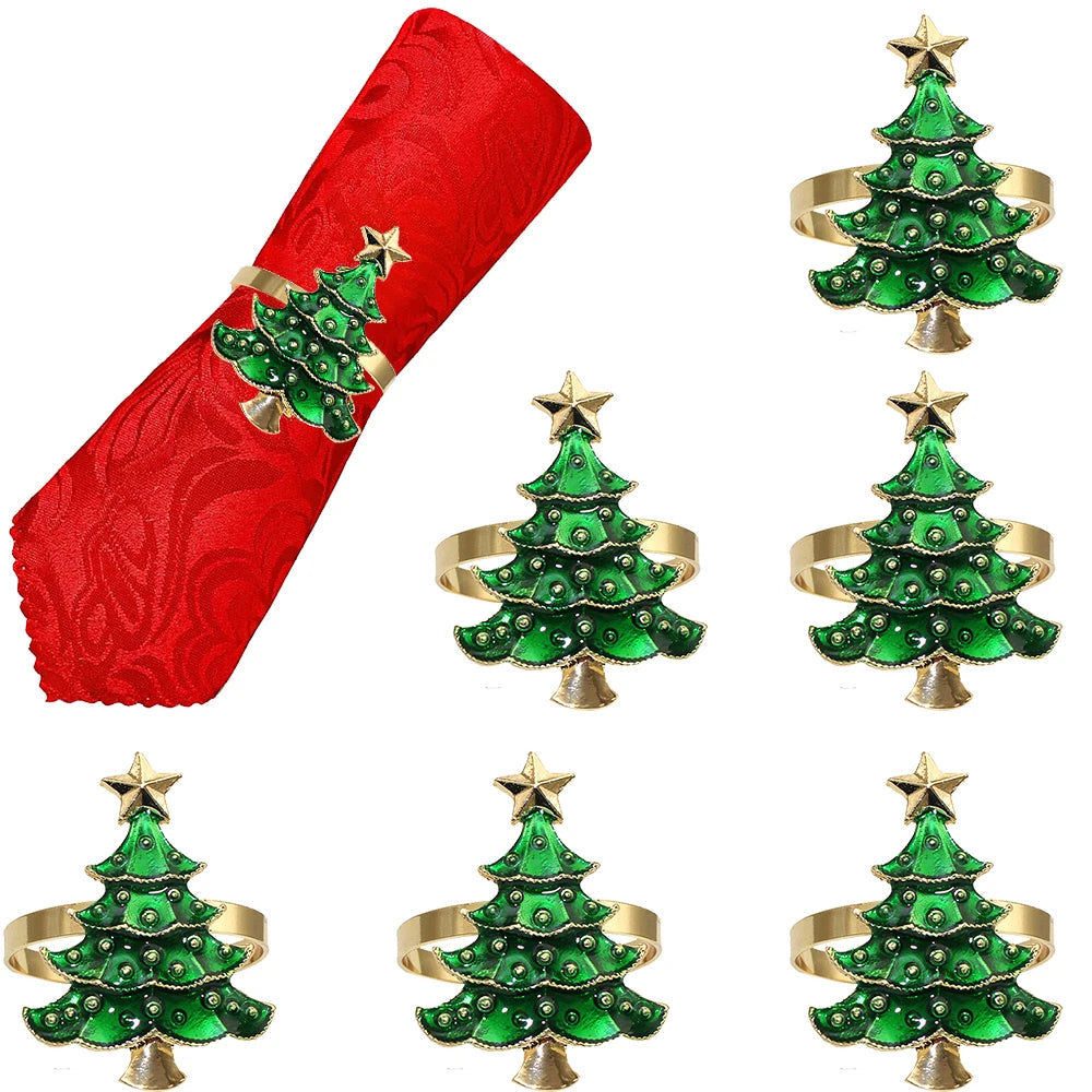 6Pcs Rustic Christmas Tree Napkin Rings Green Xmas Tree Napkin Holder for Christmas Thanksgiving Wedding Dinning Table Setting