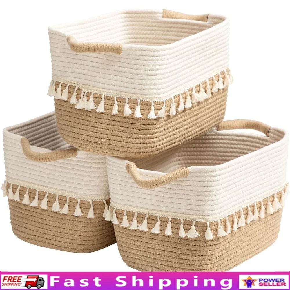 Cotton Rope Storage Bins Set of 3 Woven Baskets Stylish Organizing Home Storage Toys Blankets Essentials