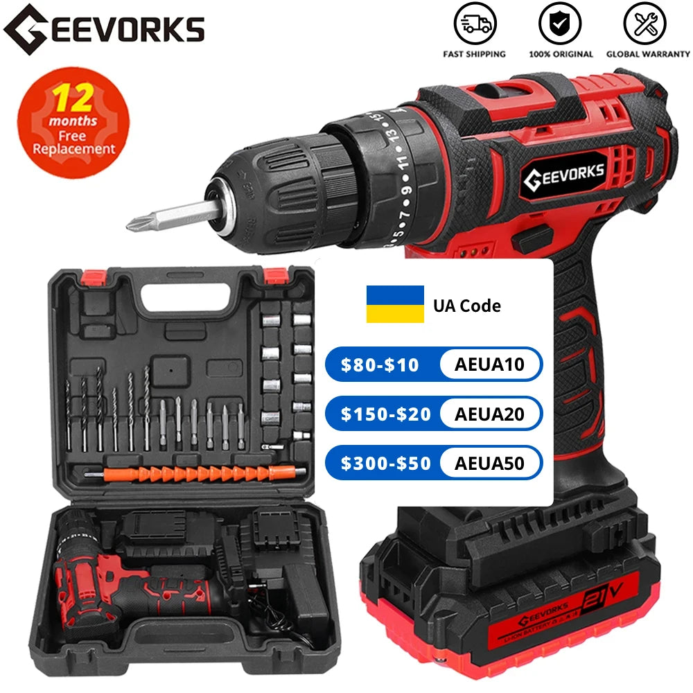 3 in 1 21V Electric Drill Rechargeable Cordless Electric Screwdriver Stepless Speed  Adjustment 25 Gears of Torques Adjustable