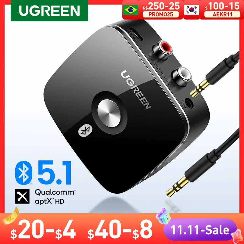 UGREEN Bluetooth RCA Receiver 5.1 aptX HD 3.5mm Jack Aux Wireless Adapter Music for TV Car 2RCA Bluetooth 5.0 Audio Receiver