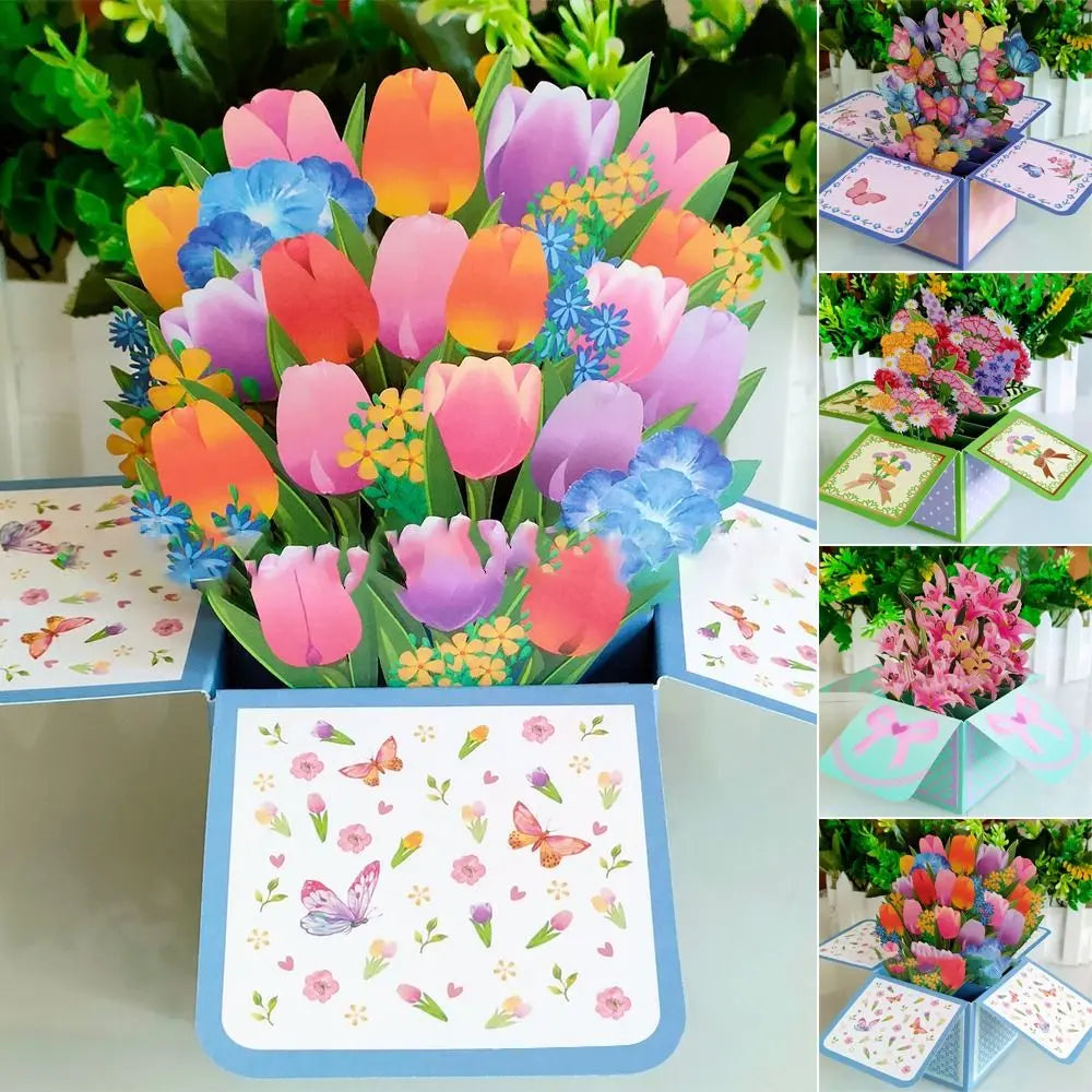 New 3D Pop Up Bouquet Flowers Happy Mother's Day Card 3D Greeting Cards Birthday Postcard Thank You Girlfriend Teacher Gifts