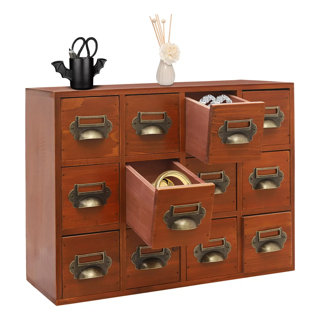 12 Drawers Wooden Desktop Organizer Home Storage Case Cosmetic Dresser Box Brown