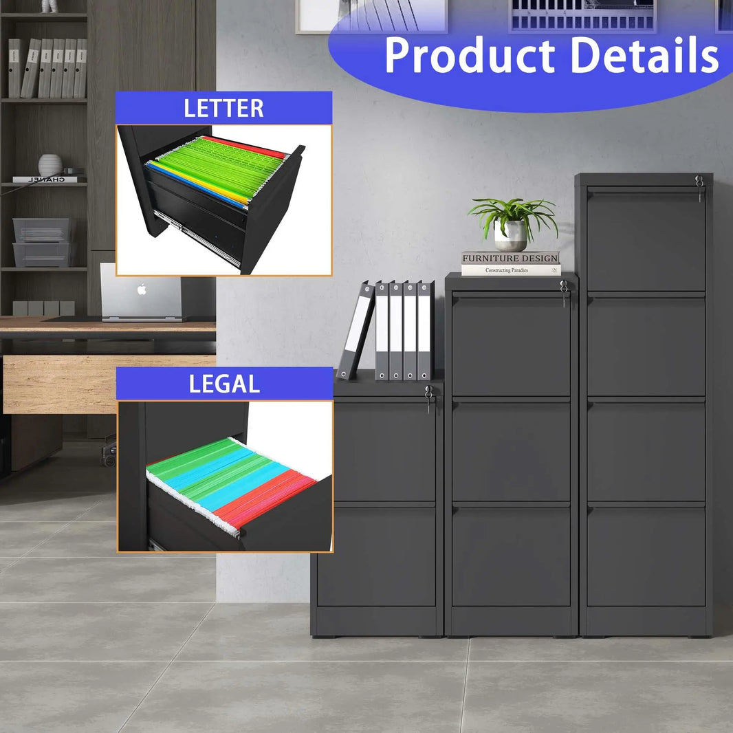 Secure 2 Drawer Metal Vertical File Cabinet with Lock - Office & Home Storage for a4 /Legal/Letter Documents