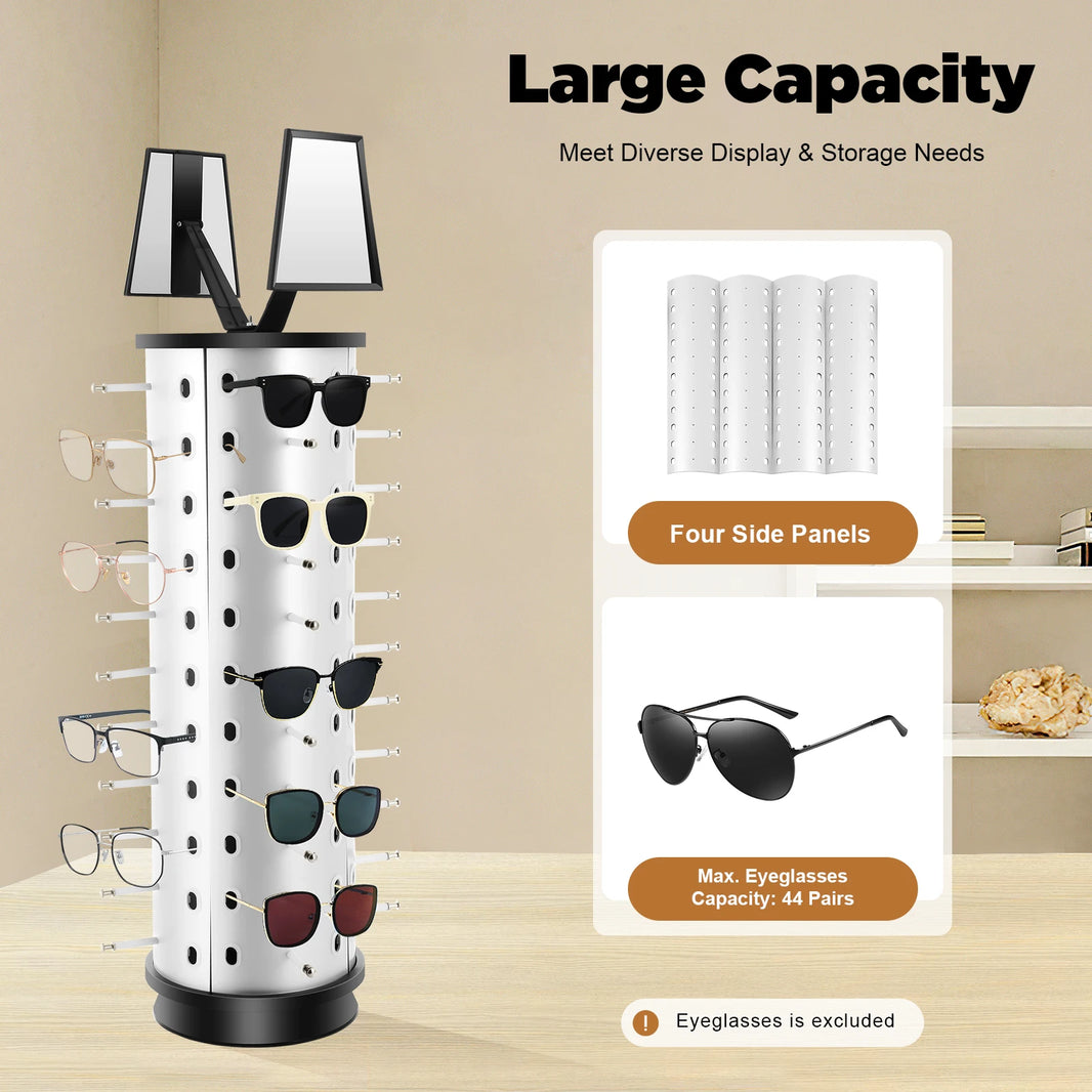 (Round) 360° Rotating Eyeglasses Display Stand for Holding 44 Glasses, Glasses Holder Rack with Mirror, Sunglasses Display Stand